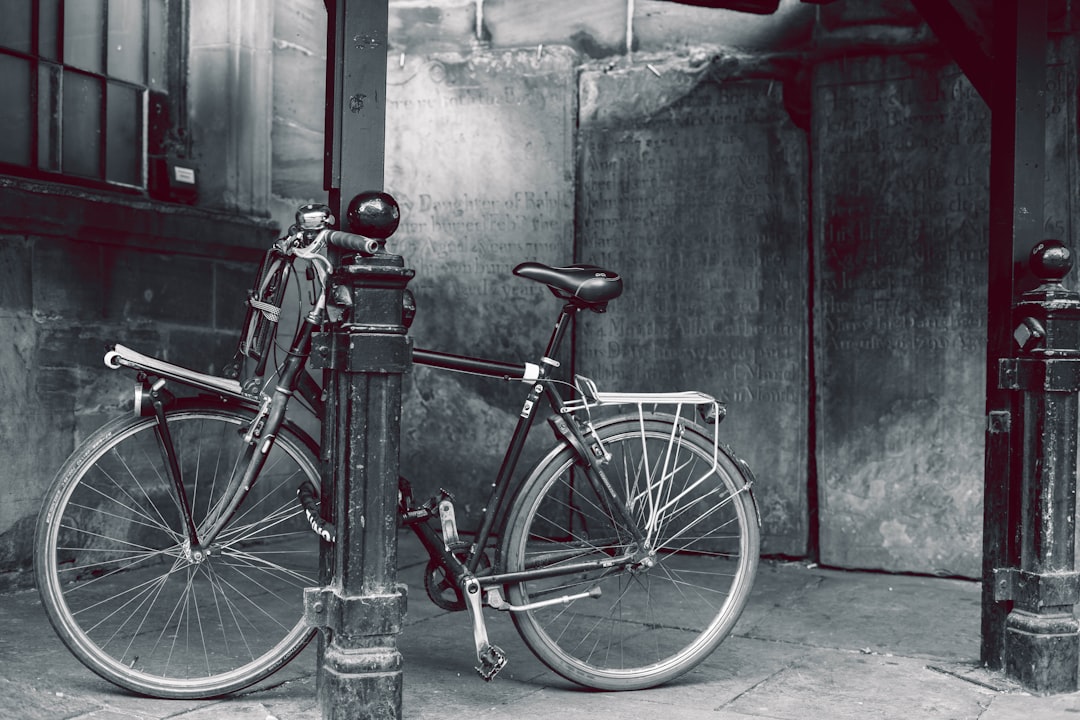 a black and white photo of a bicycle parked next to a fire hydrant